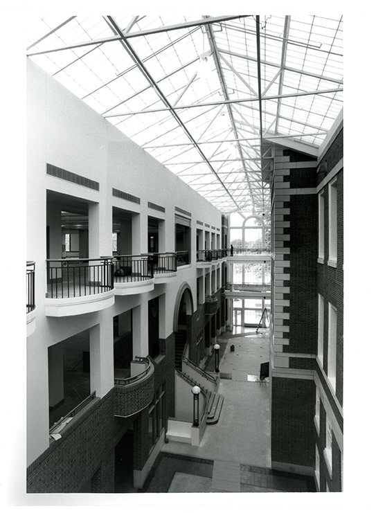 View of Z. Smith Reynolds Library with atrium and Wilson addition, final stages