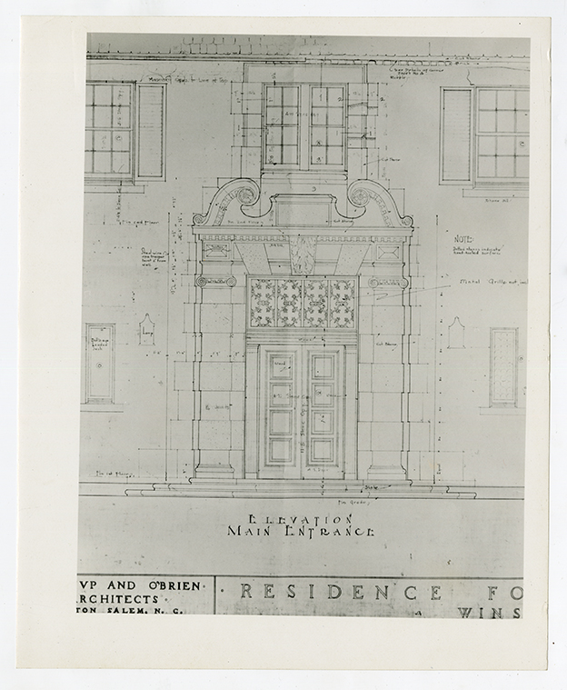 Architectural elevation drawing of the main entrance to Grayln Estate, 1927