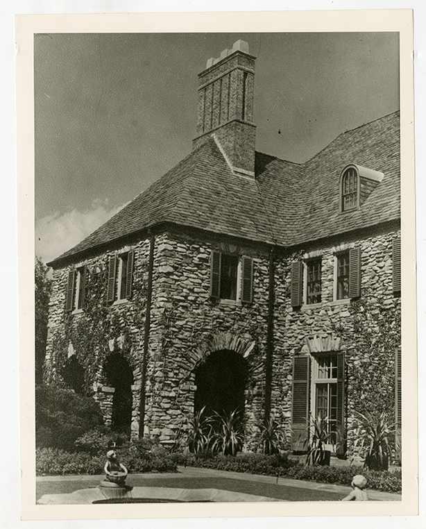 Corner view of Graylyn Estate mansion with Fountain