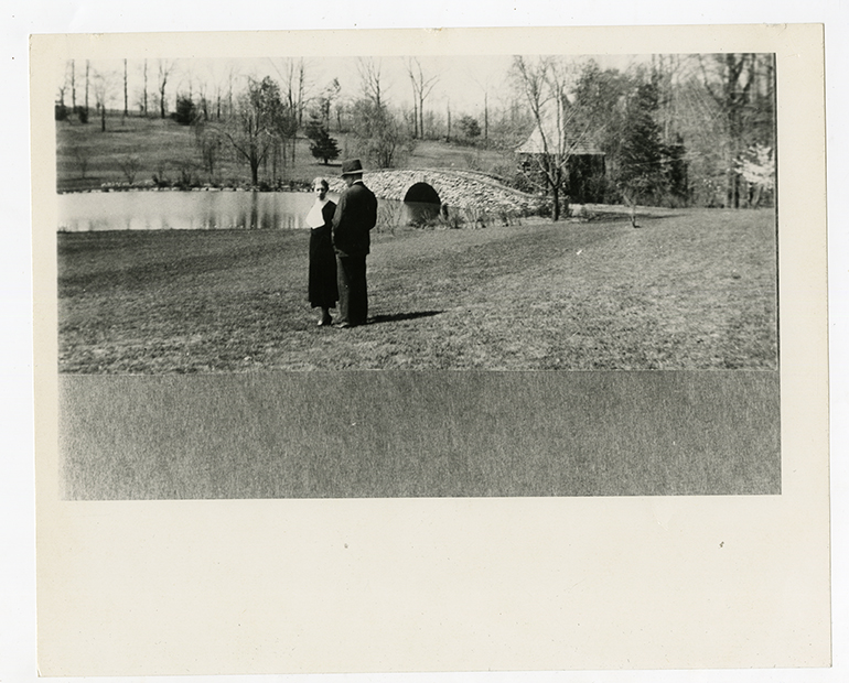 Bowman and Nathalie Gray by the pond