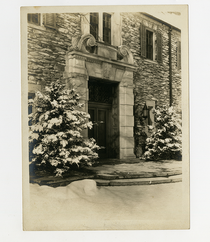 Snow-covered entrance of Graylyn Estate