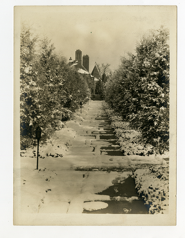 Snow-covered pathway at Graylyn Estate