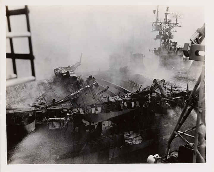 View of forward damage from explosions in hangar of the 4th USS Princeton (CLV-23) east of Luzon on October 24, 1944