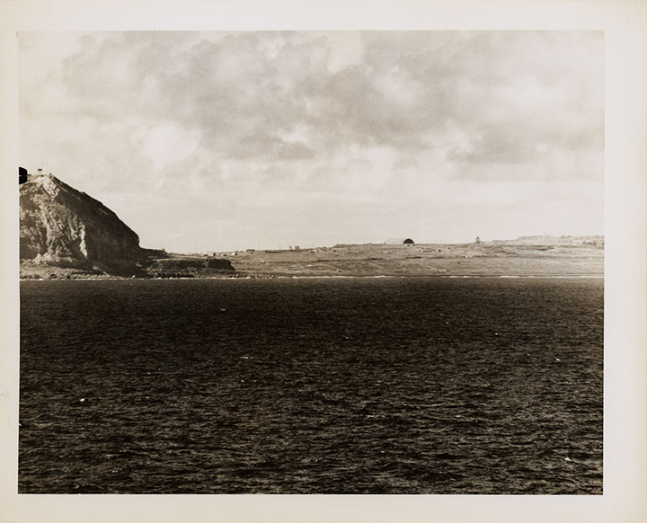 Mt Suribachi and beach where the first Marines landed