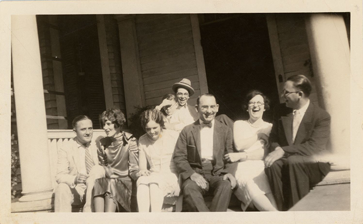 Family snapshot on porch of Powers-Arrington house including Hallie and Thomas (II and II) Arrington